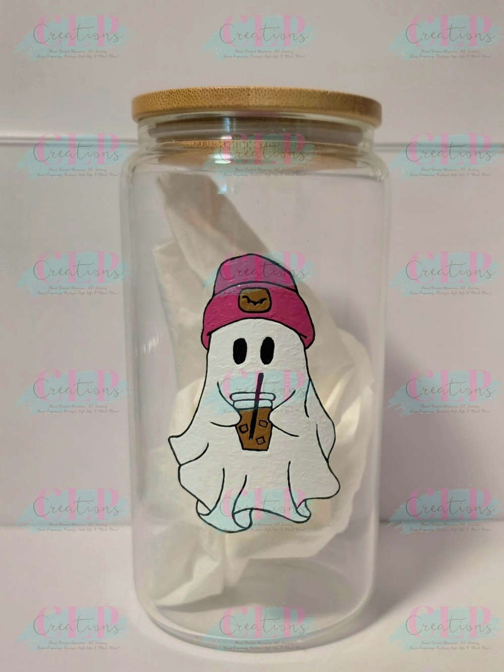 Coffee Ghost 16oz Hand Painted Glass Can With Bamboo Lid